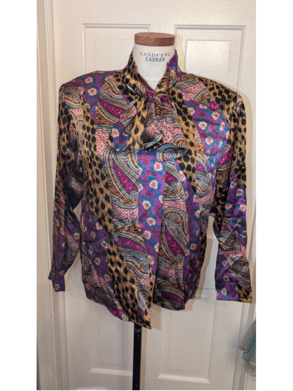 Vintage 80s Silk Blouse Size 8 Purple Brown Paisley Floral